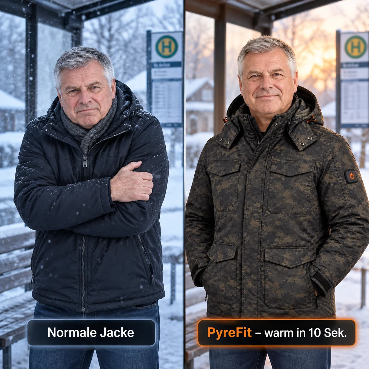 Vergleich: normale Winterjacke und Alpino mit Heizung