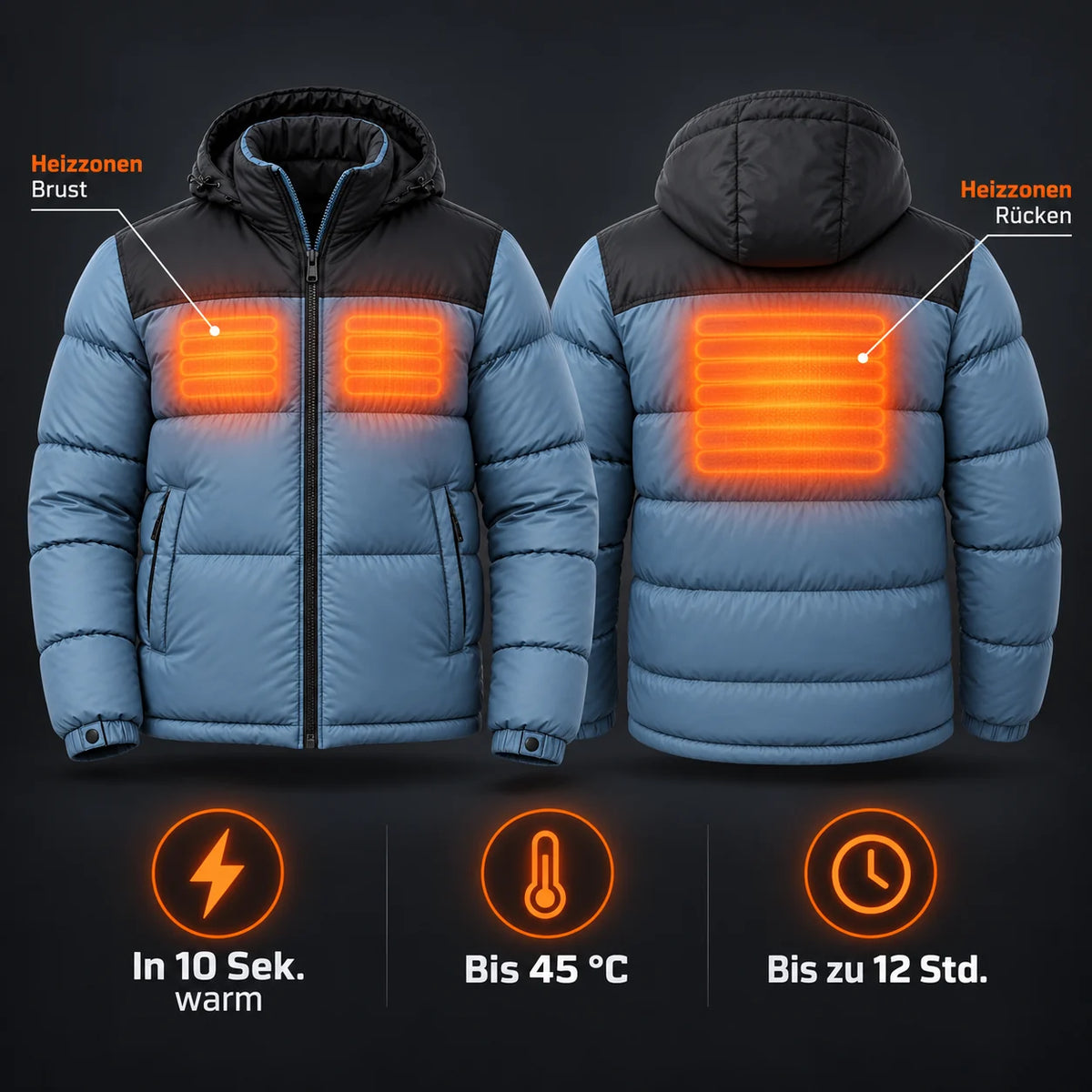 Beheizbare Unisex-Steppjacke PyreFit Gletor: Heizzonen an Brust und Rücken