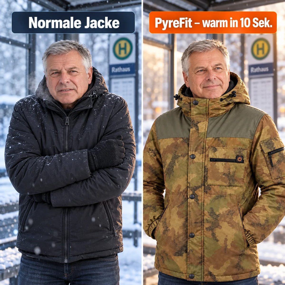 Vergleich: normale Winterjacke und Mistro mit Heizung
