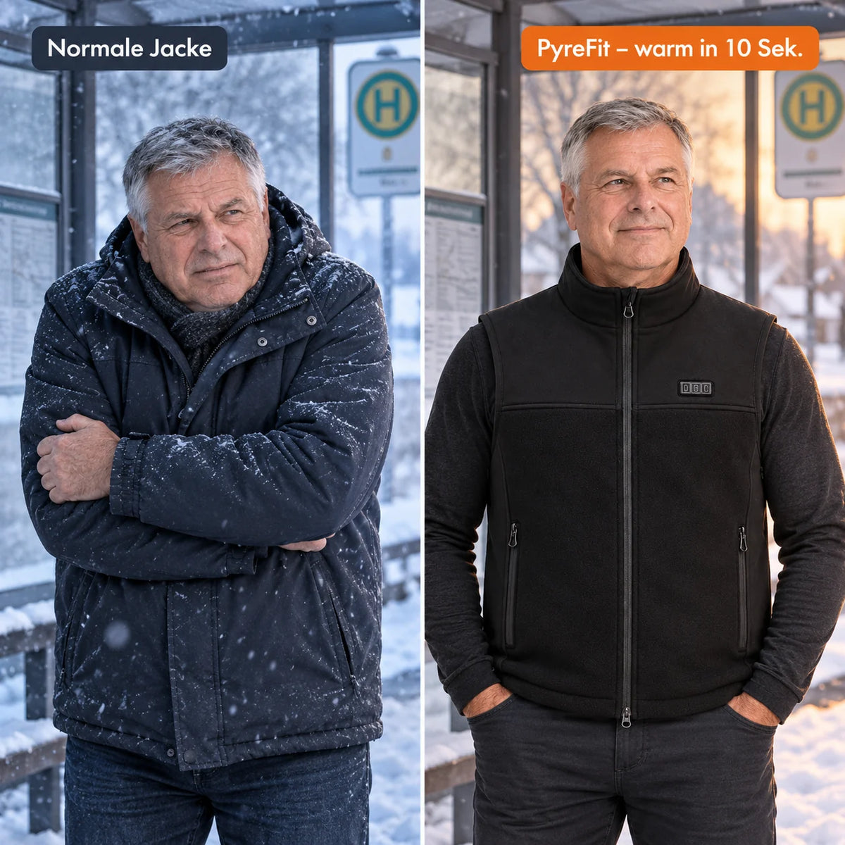 Vergleich: normale Winterjacke und Tarnor mit Heizung