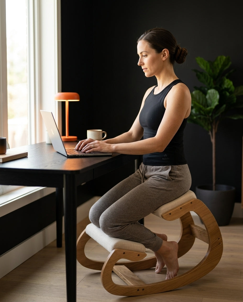 Woman working at a desk seated on the kneeling chair in a home office