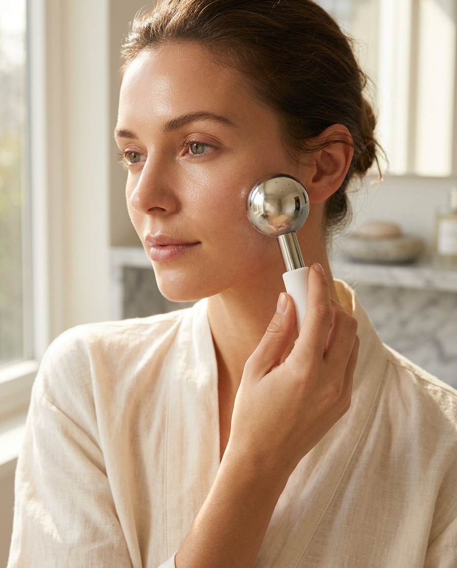 Woman gliding stainless steel facial ice globes across her cheekbone during an at-home spa routine