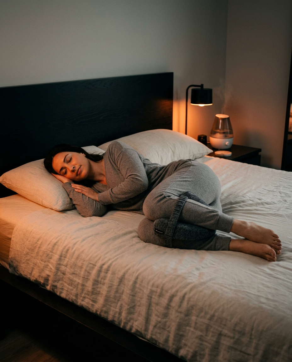 Person sleeping on their side in bed with a memory foam knee pillow between the knees