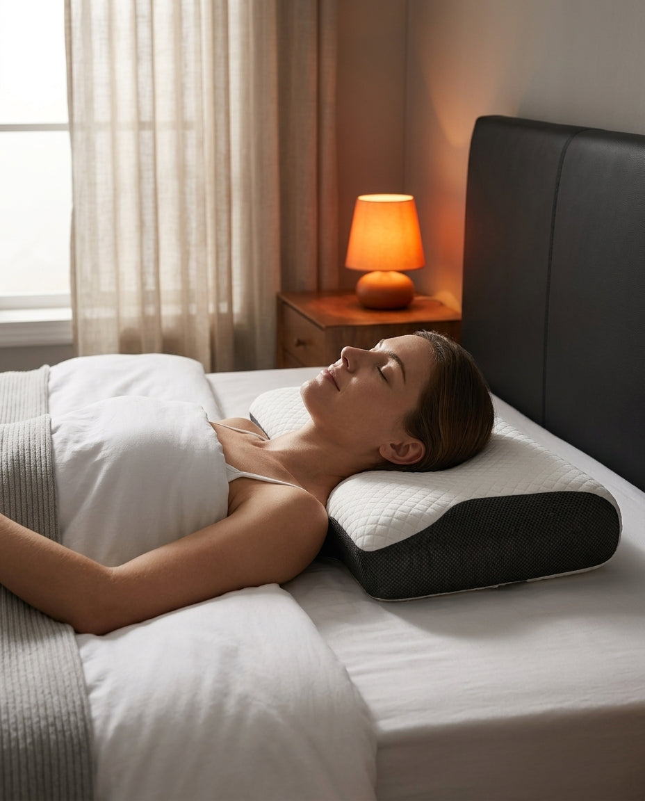 Person resting in bed with an ergonomic contour neck support pillow in a calm bedroom