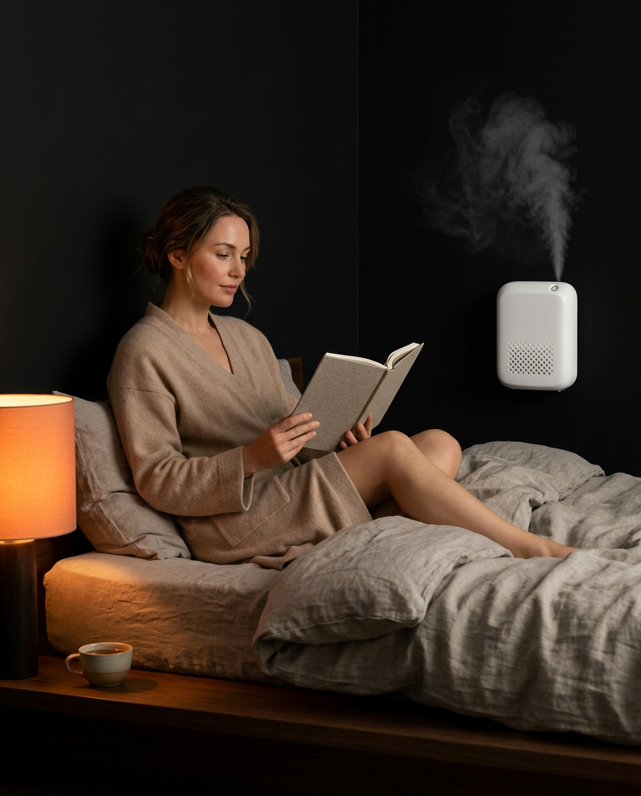 Woman relaxing in a softly lit bedroom during her evening wind-down routine