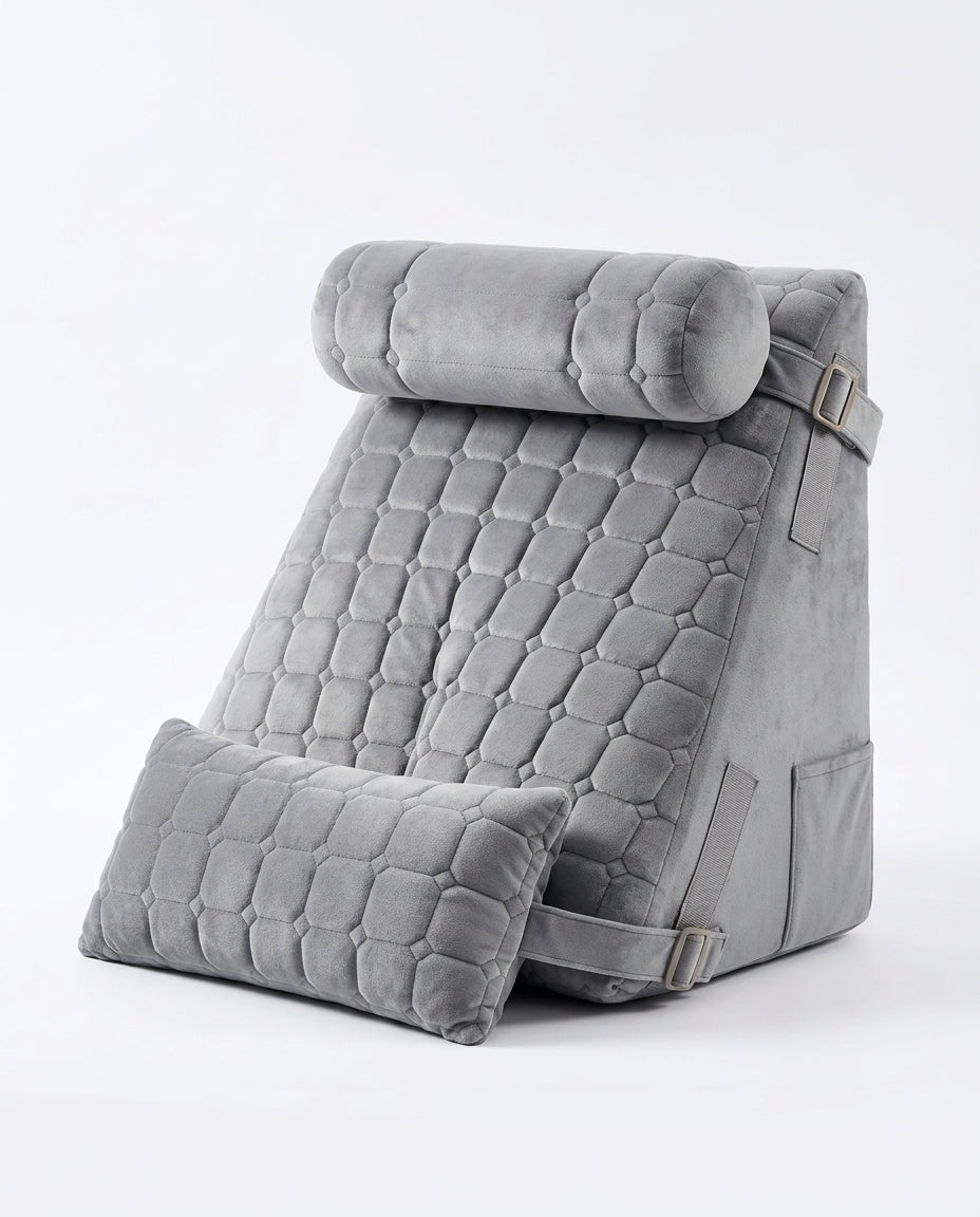 Grey quilted wedge pillow with bolster headrest and lumbar cushion on white