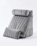 Grey quilted wedge pillow with bolster headrest and lumbar cushion on white