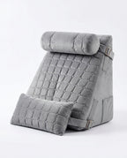 Grey quilted wedge pillow with bolster headrest and lumbar cushion on white