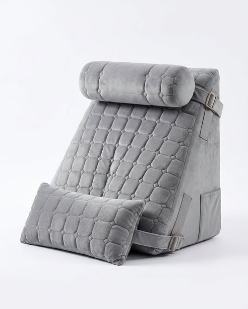 Grey quilted wedge pillow with bolster headrest and lumbar cushion on white