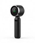 Black portable turbo handheld fan with green digital display reading 100, studio packshot