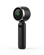 Black portable turbo handheld fan with green digital display reading 100, studio packshot