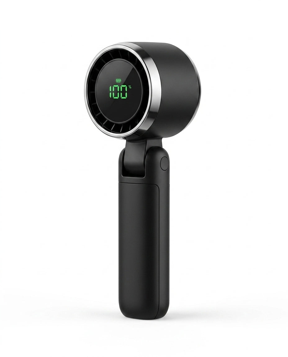 Black portable turbo handheld fan with green digital display reading 100, studio packshot