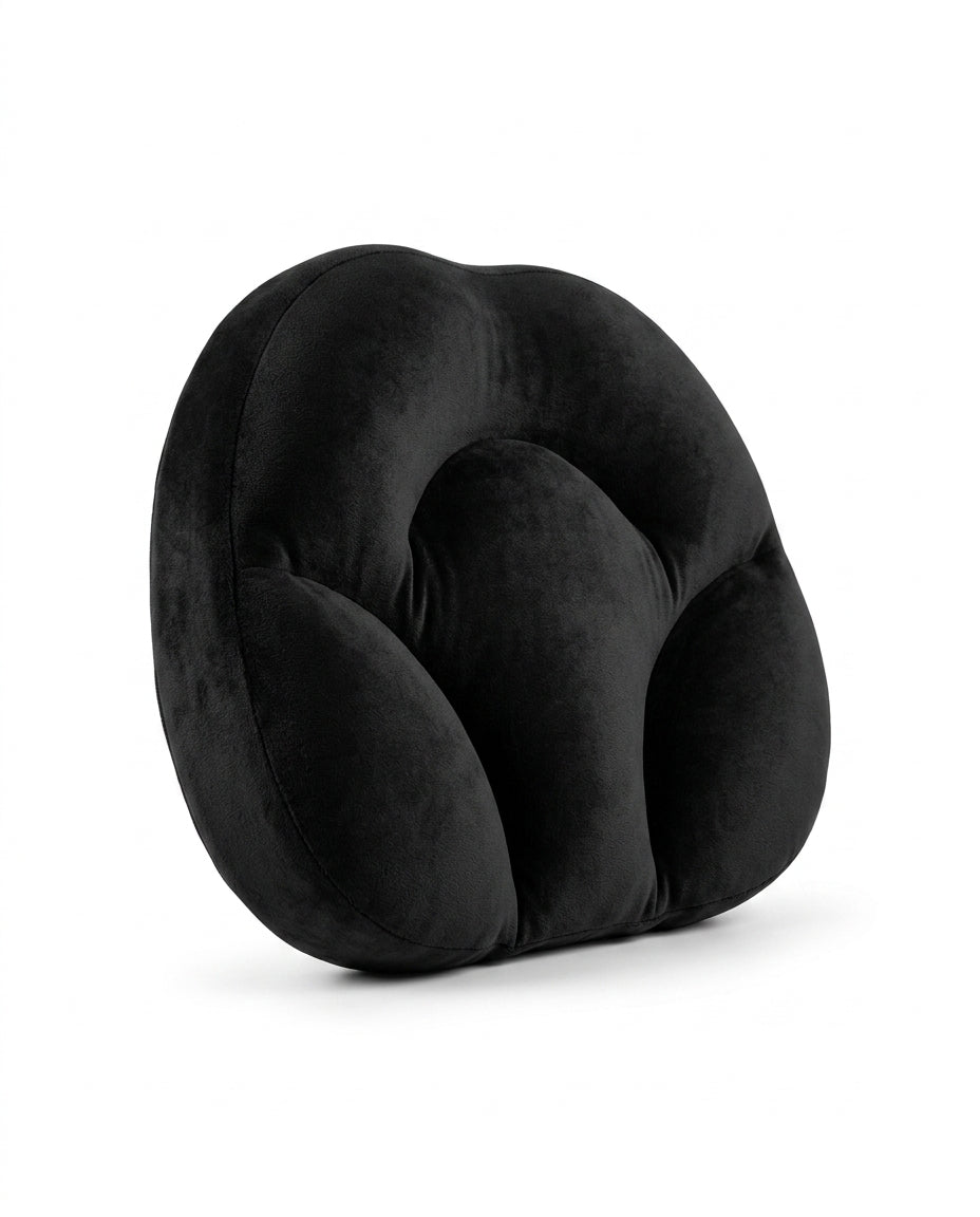 Black ergonomic egg-shaped neck support pillow on white studio background