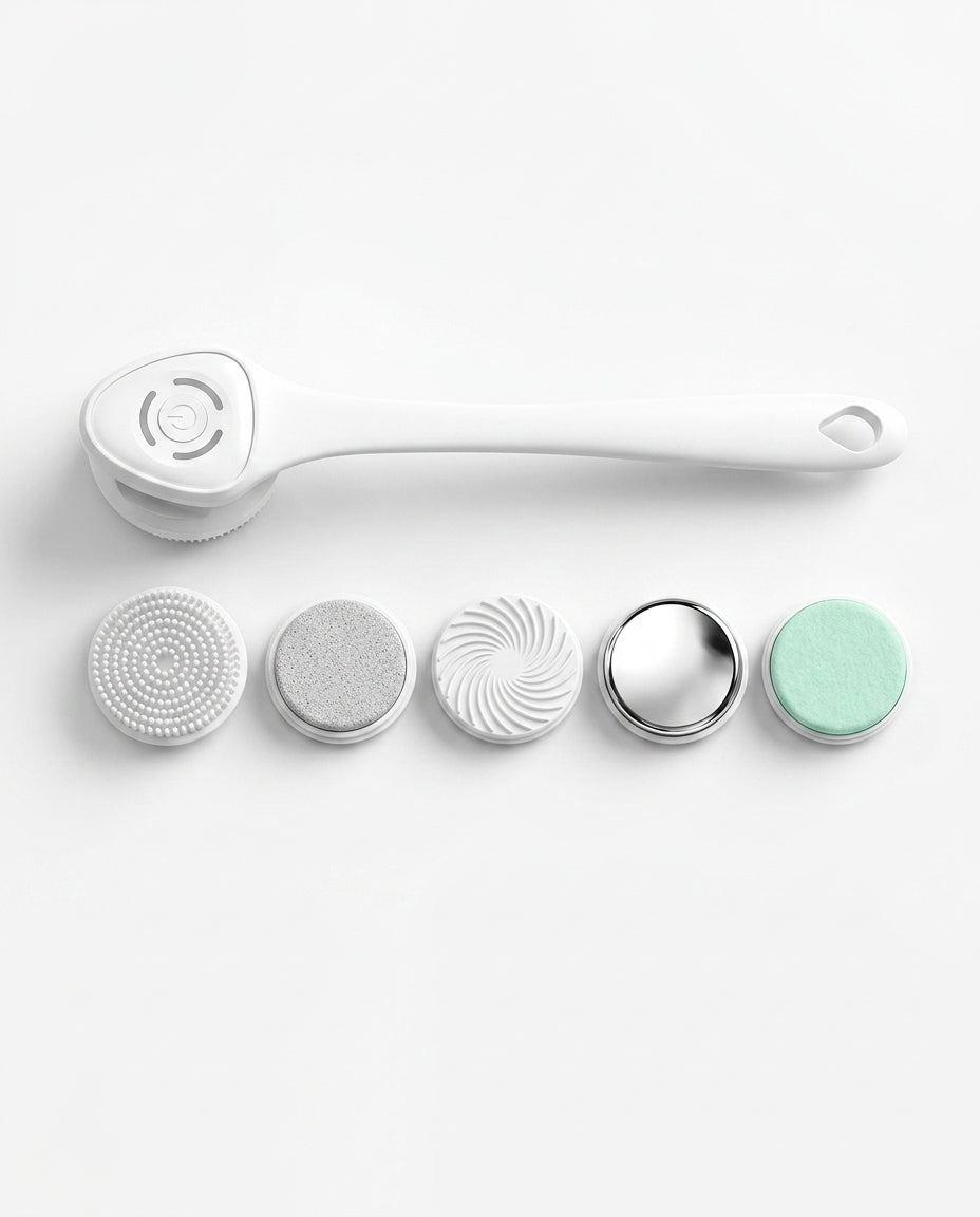 White electric body cleansing brush with long handle and five interchangeable attachment heads