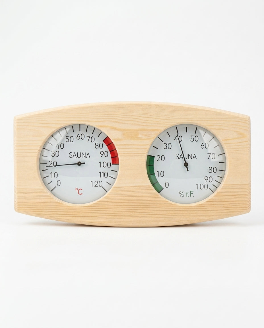 Wood sauna thermometer and hygrometer wall gauge with dual analog dials
