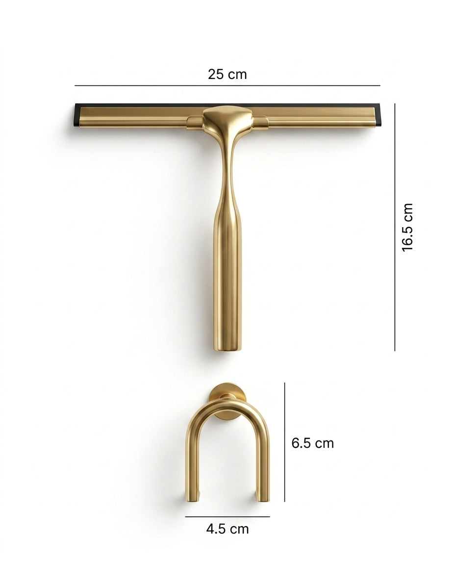 Brass shower squeegee and matching wall hook with dimensions labeled in centimeters