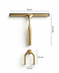 Brass shower squeegee and matching wall hook with dimensions labeled in centimeters