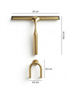 Brass shower squeegee and matching wall hook with dimensions labeled in centimeters