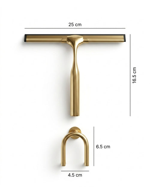 Brass shower squeegee and matching wall hook with dimensions labeled in centimeters