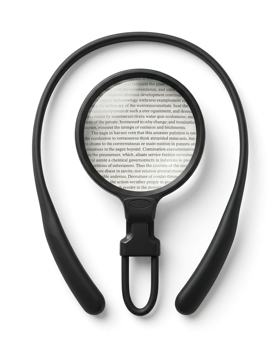 Black hands-free neck magnifier with round lens over a page of text, top-down
