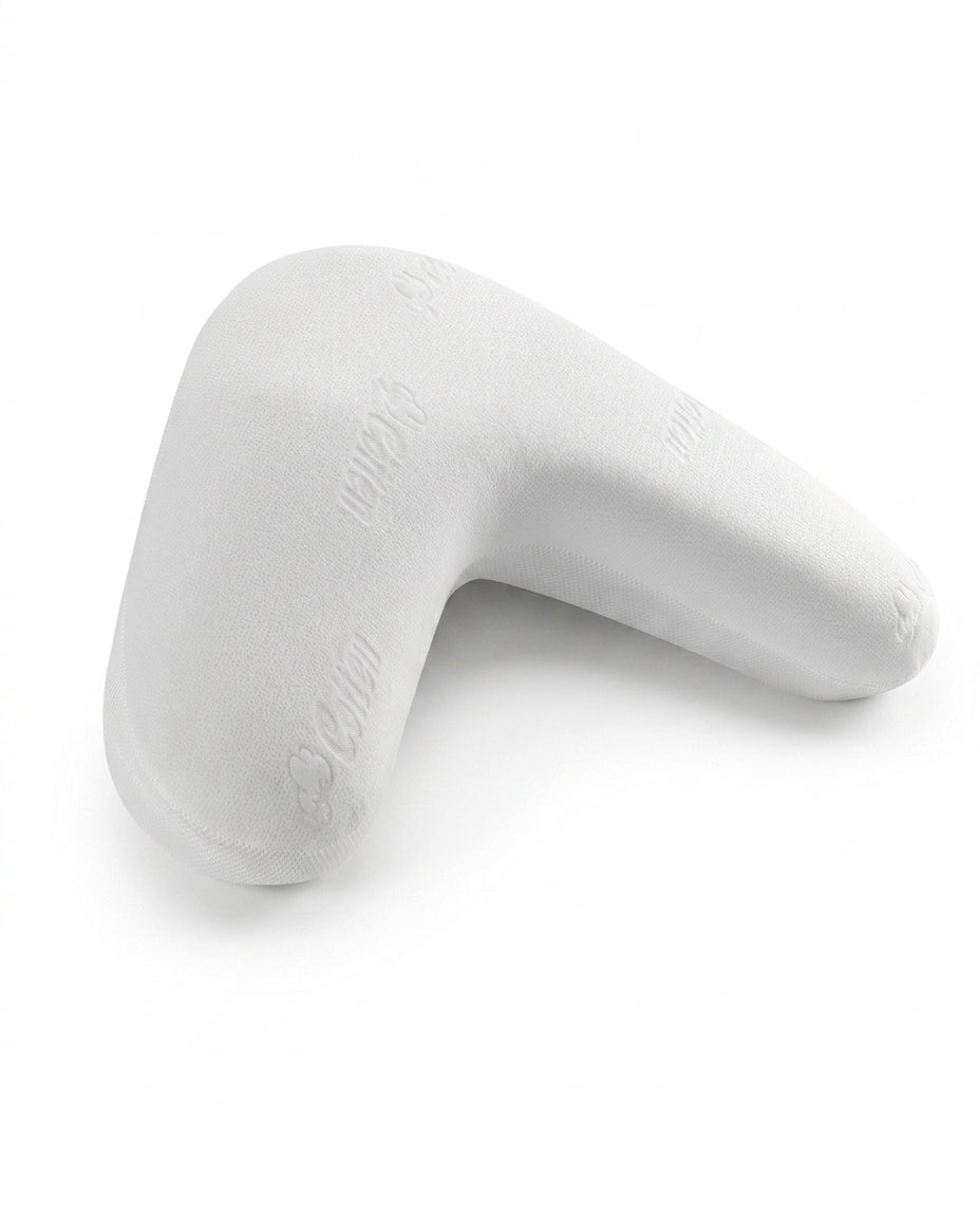 White V-shaped memory foam side sleeping pillow on white background
