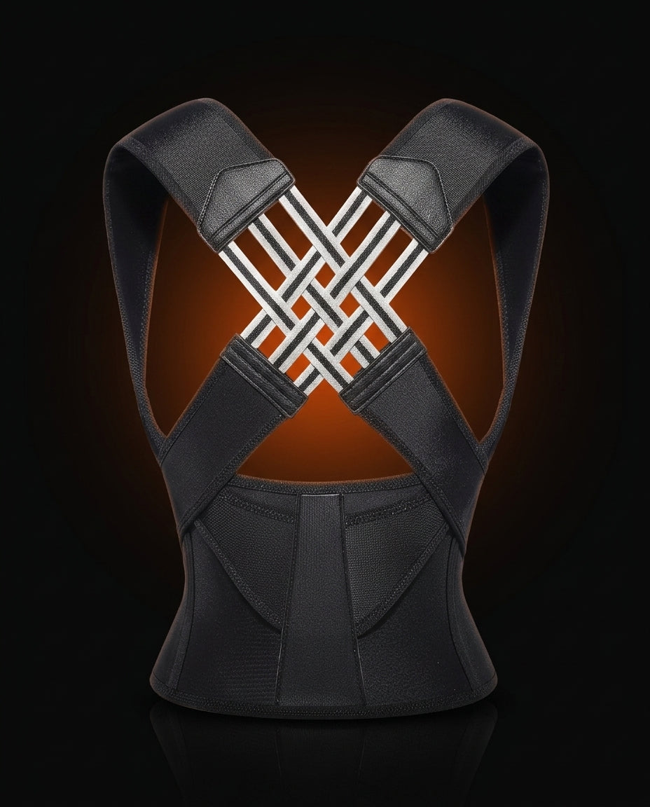 Black posture support brace with woven crossover straps, studio on dark