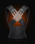 Black posture support brace with woven crossover straps, studio on dark