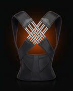 Black posture support brace with woven crossover straps, studio on dark
