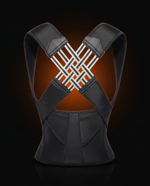 Black posture support brace with woven crossover straps, studio on dark