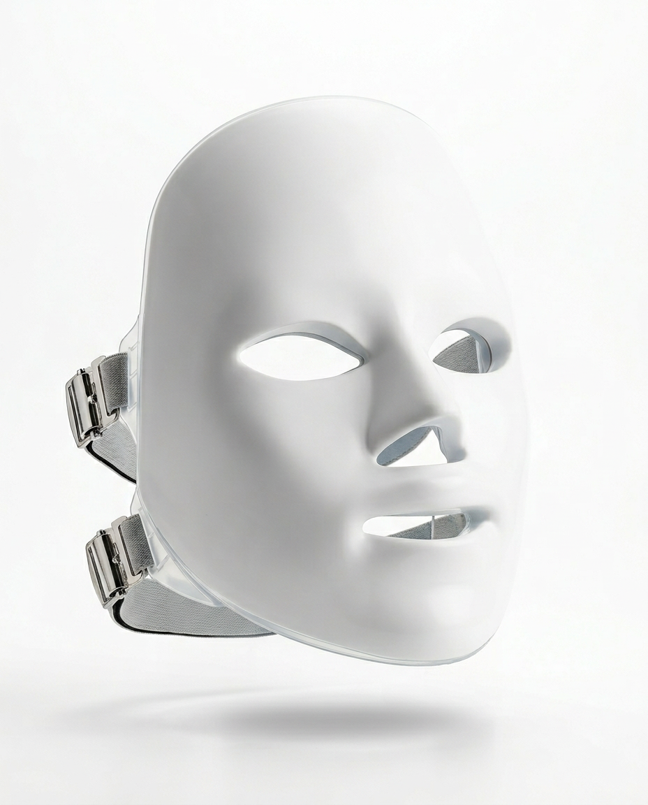 White LED light massage face mask with adjustable straps, studio packshot
