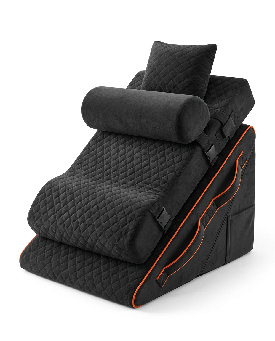 Black quilted modular sleep wedge with bolster and pillow, orange piping, studio packshot