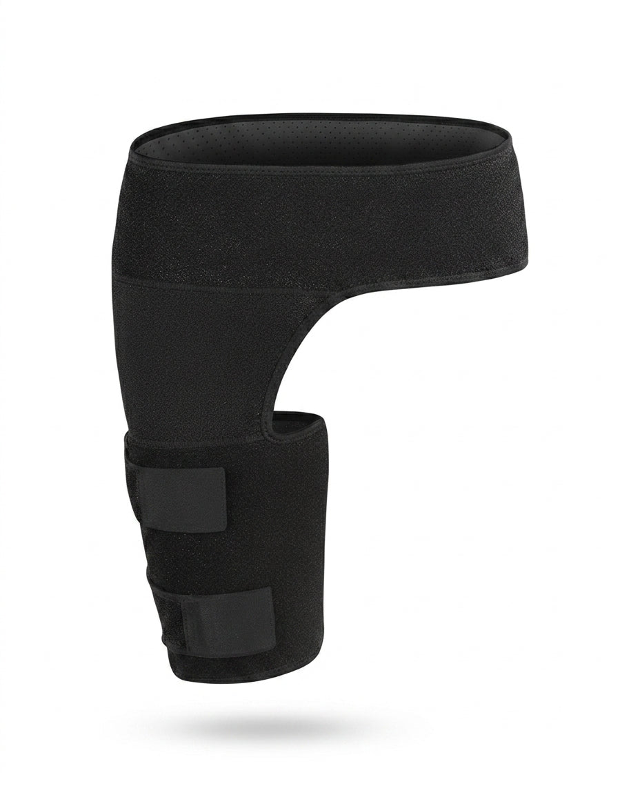 Black neoprene hip support wrap with adjustable straps, studio shot