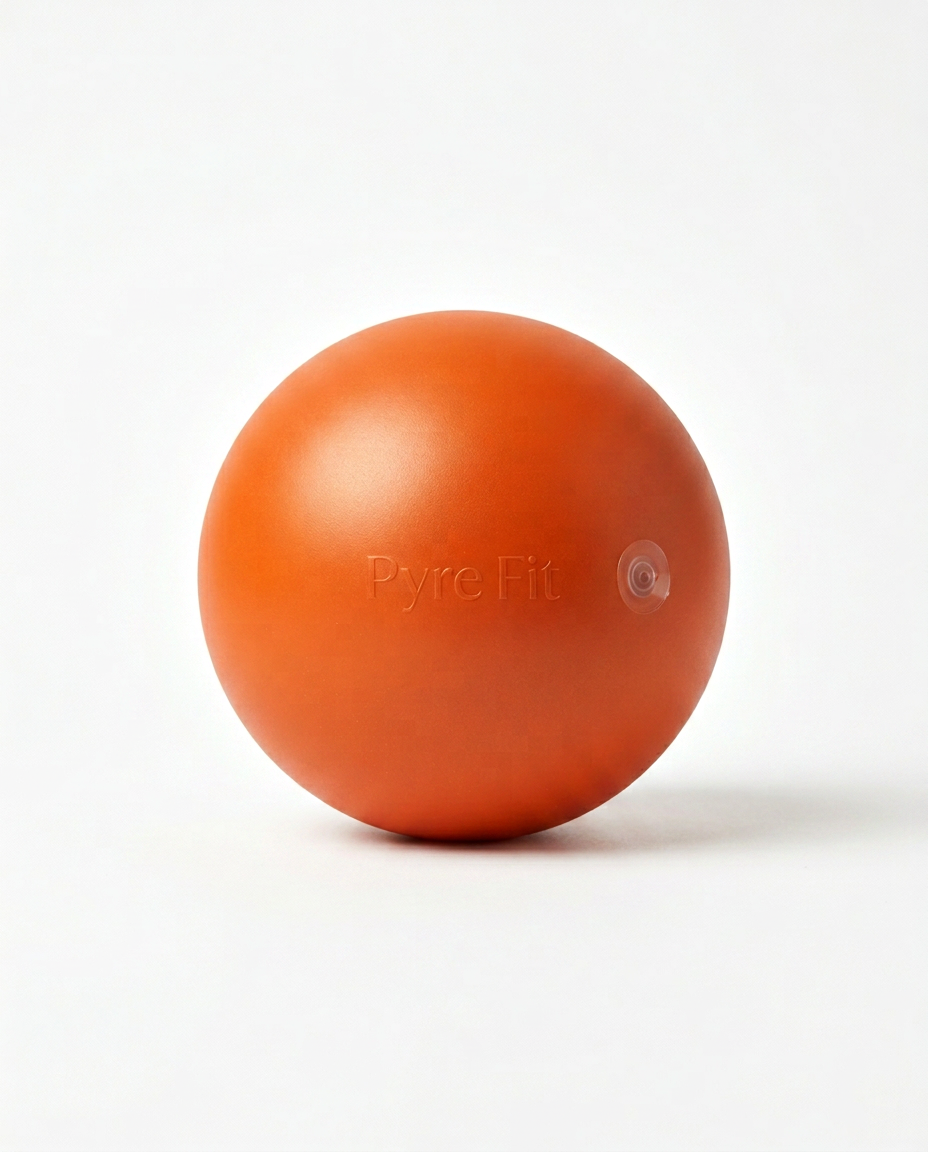 Orange inflatable recovery mobility ball with embossed logo on white