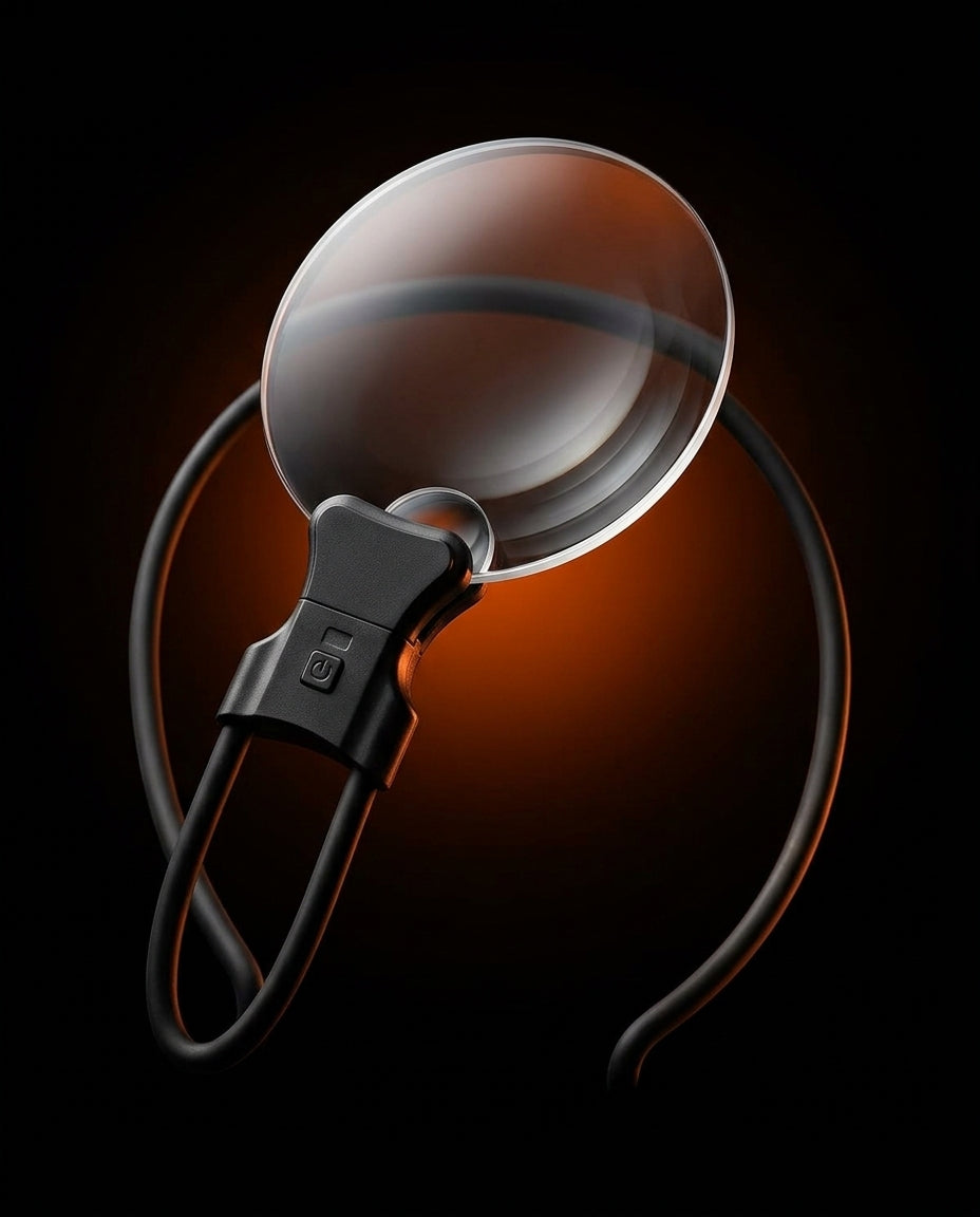Hands-free neck magnifier lens on a dark studio backdrop with amber glow