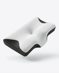 White quilted contoured cervical memory foam pillow with black mesh sides, studio shot
