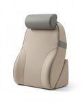 Beige bed backrest support with gray neck roll and side bolsters