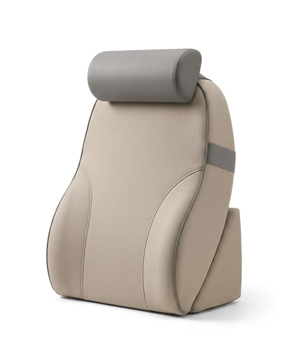 Beige bed backrest support with gray neck roll and side bolsters