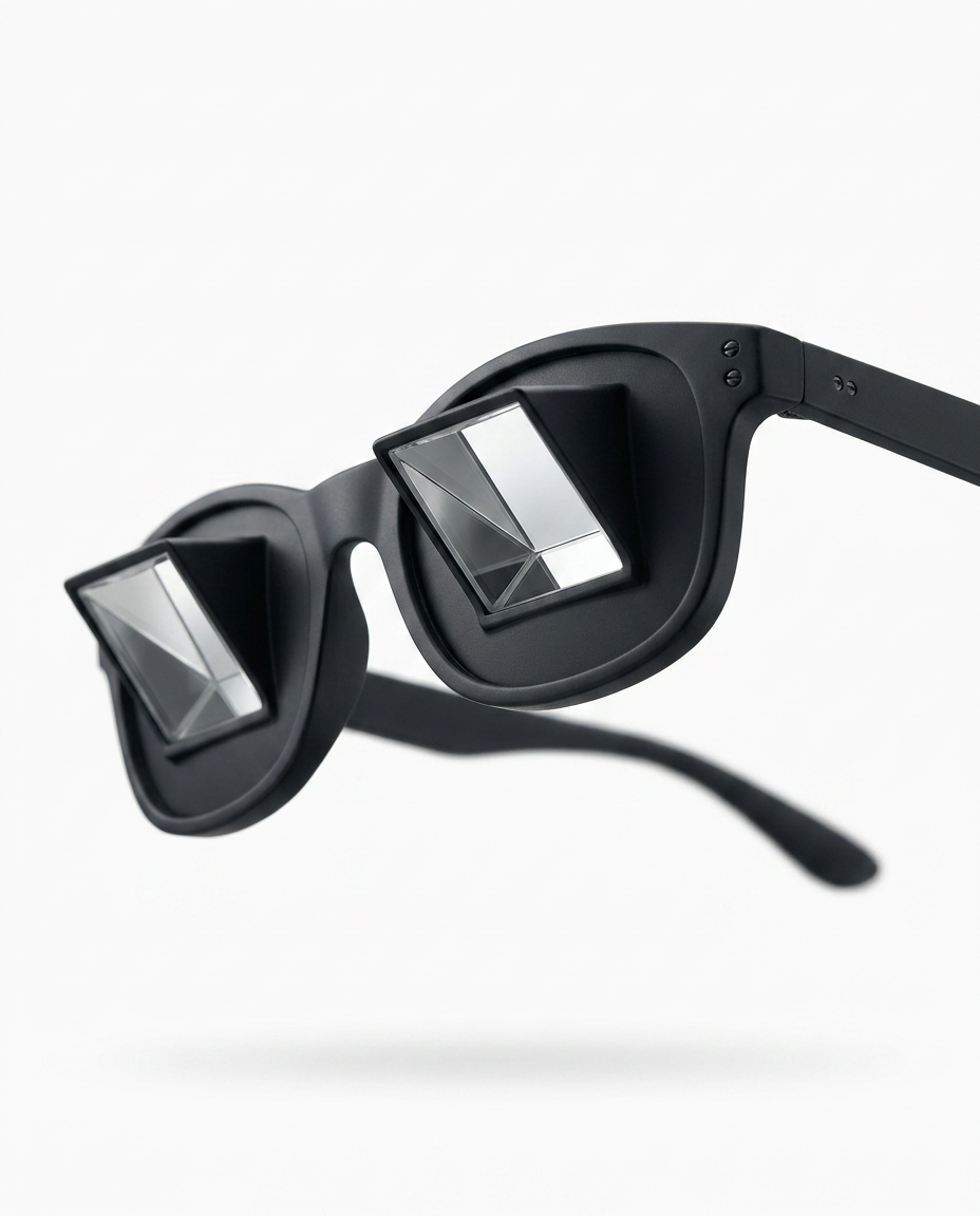 Black prism bed reading glasses with angled mirror lenses, studio shot on white