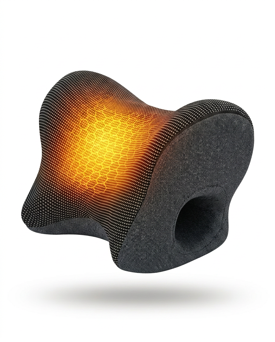 Dark grey contoured heated neck pillow with glowing warm center, on white