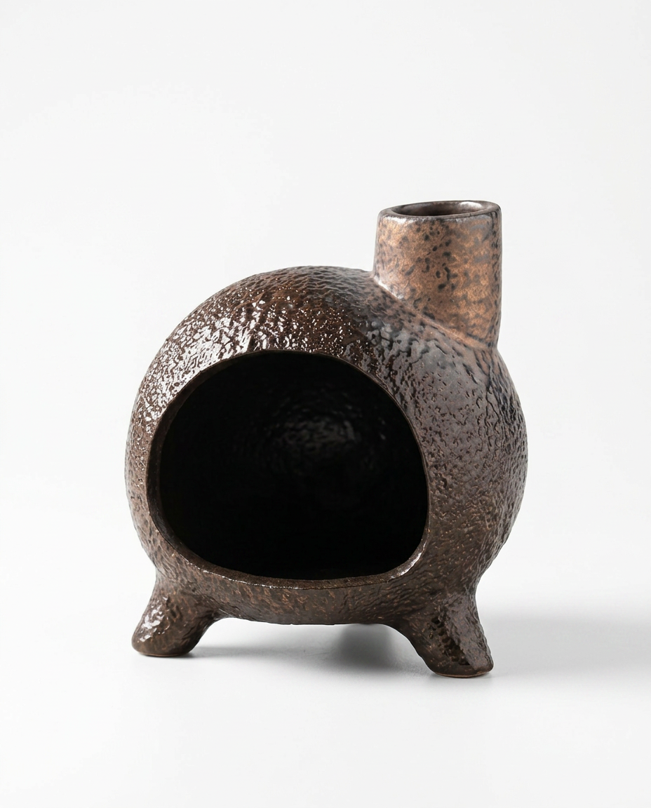 Dark ceramic chiminea ritual burner with chimney spout, studio shot on white