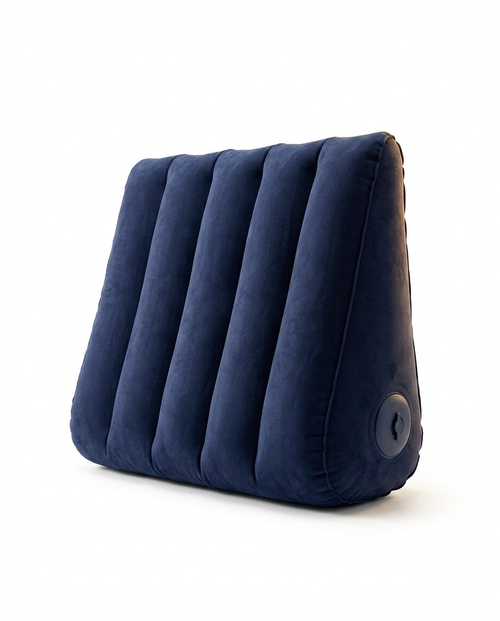 Navy blue inflatable wedge support pillow with ribbed channels, studio shot on white