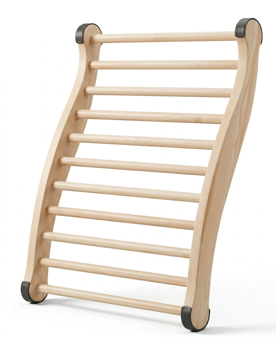 Curved wooden slatted sauna backrest with dowel rungs, studio shot on white