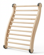 Curved wooden slatted sauna backrest with dowel rungs, studio shot on white