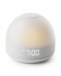 Dome-shaped white sunrise wake-up light with LED clock display, studio shot