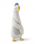 White plush goose-shaped baby comfort pillow with blue cap, studio shot