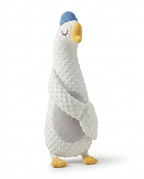 White plush goose-shaped baby comfort pillow with blue cap, studio shot