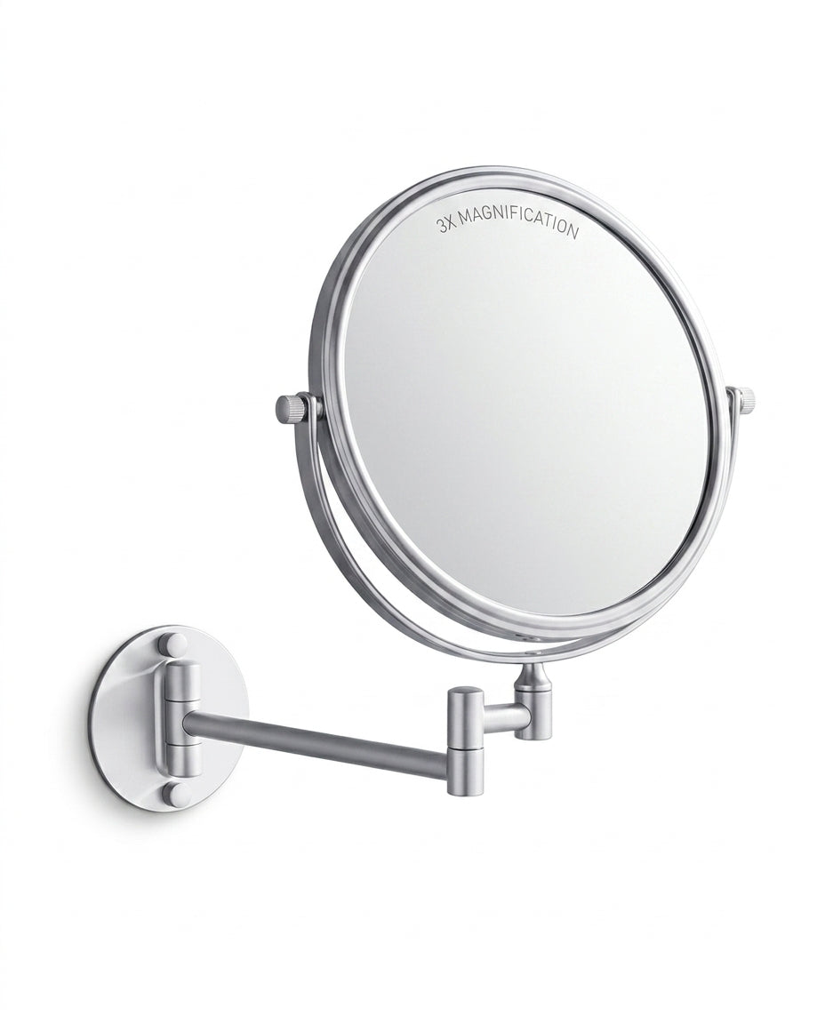 Silver wall-mounted 3X magnifying vanity mirror on extendable arm, on white