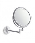 Silver wall-mounted 3X magnifying vanity mirror on extendable arm, on white