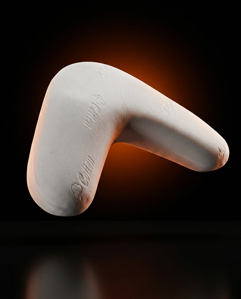White V-shaped memory foam pillow on dark backdrop with ember glow