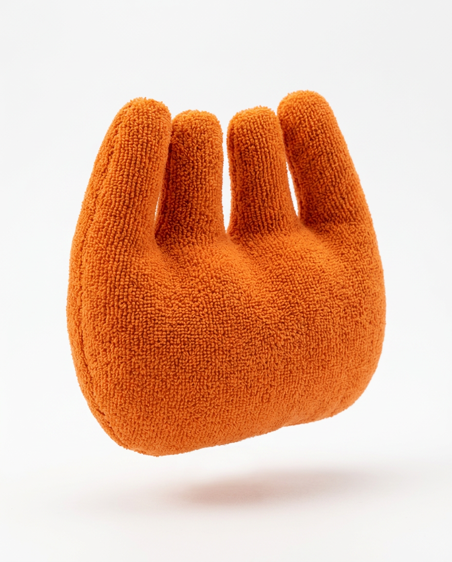 Orange terry hand relaxation cushion with finger channels, studio packshot on white